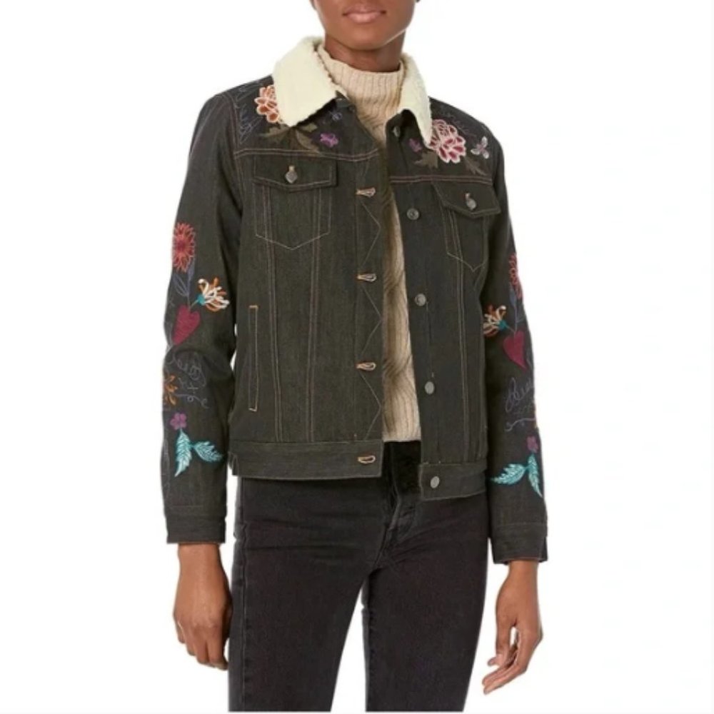 Embroidered Black Denim Jacket with Sherpa Collar
